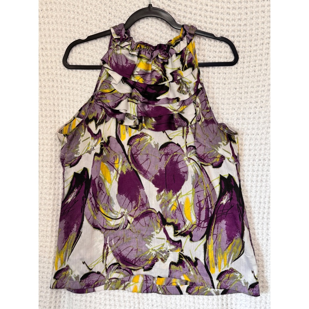 Milano Ruffle High Neck‎ Sleeveless Top Purple Yellow Abstract Women's L